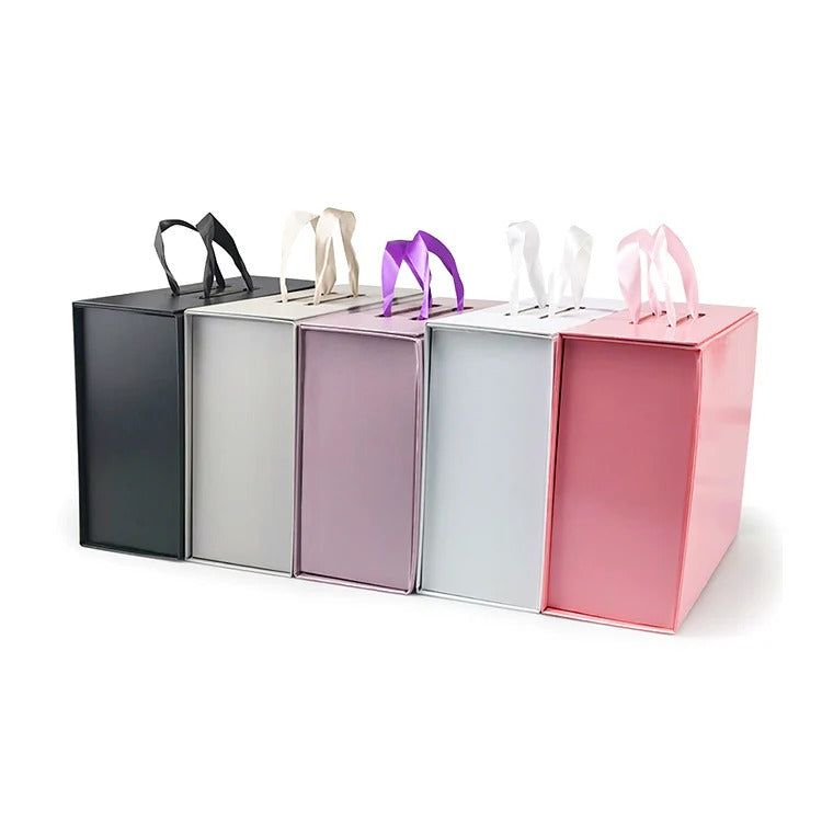 Hard Material Gray Board Folding Type Gift Box With Ribbon Handle