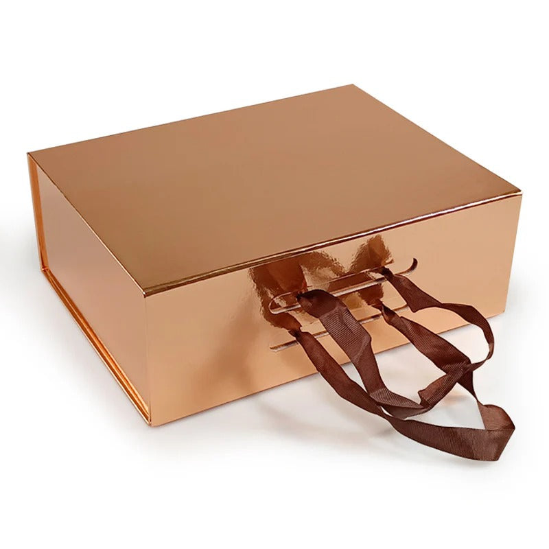 Hard Material Gray Board Folding Type Gift Box With Ribbon Handle