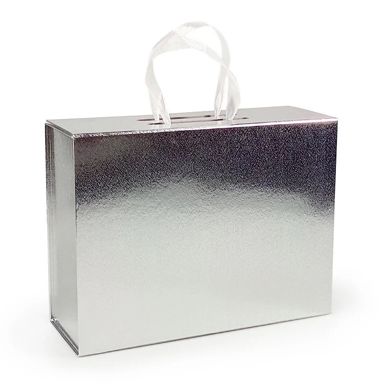 Hard Material Gray Board Folding Type Gift Box With Ribbon Handle