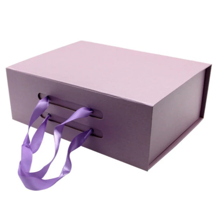 Hard Material Gray Board Folding Type Gift Box With Ribbon Handle